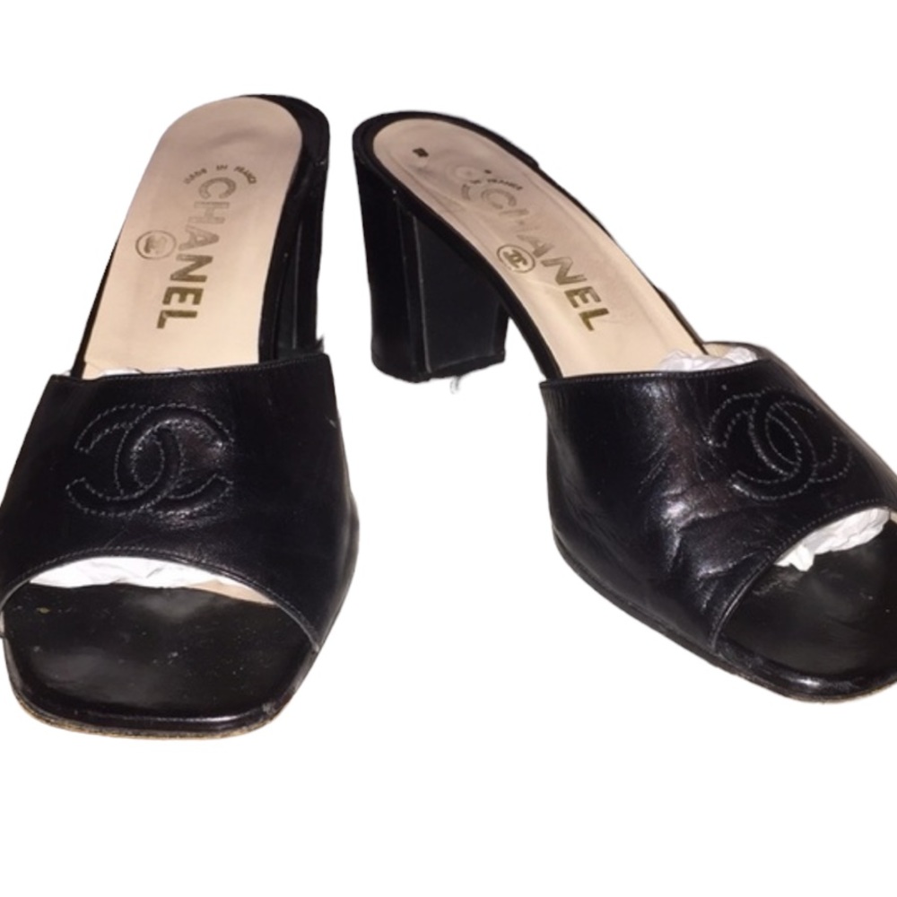 Vintage Chanel black leather slides, CC on toe 38.5